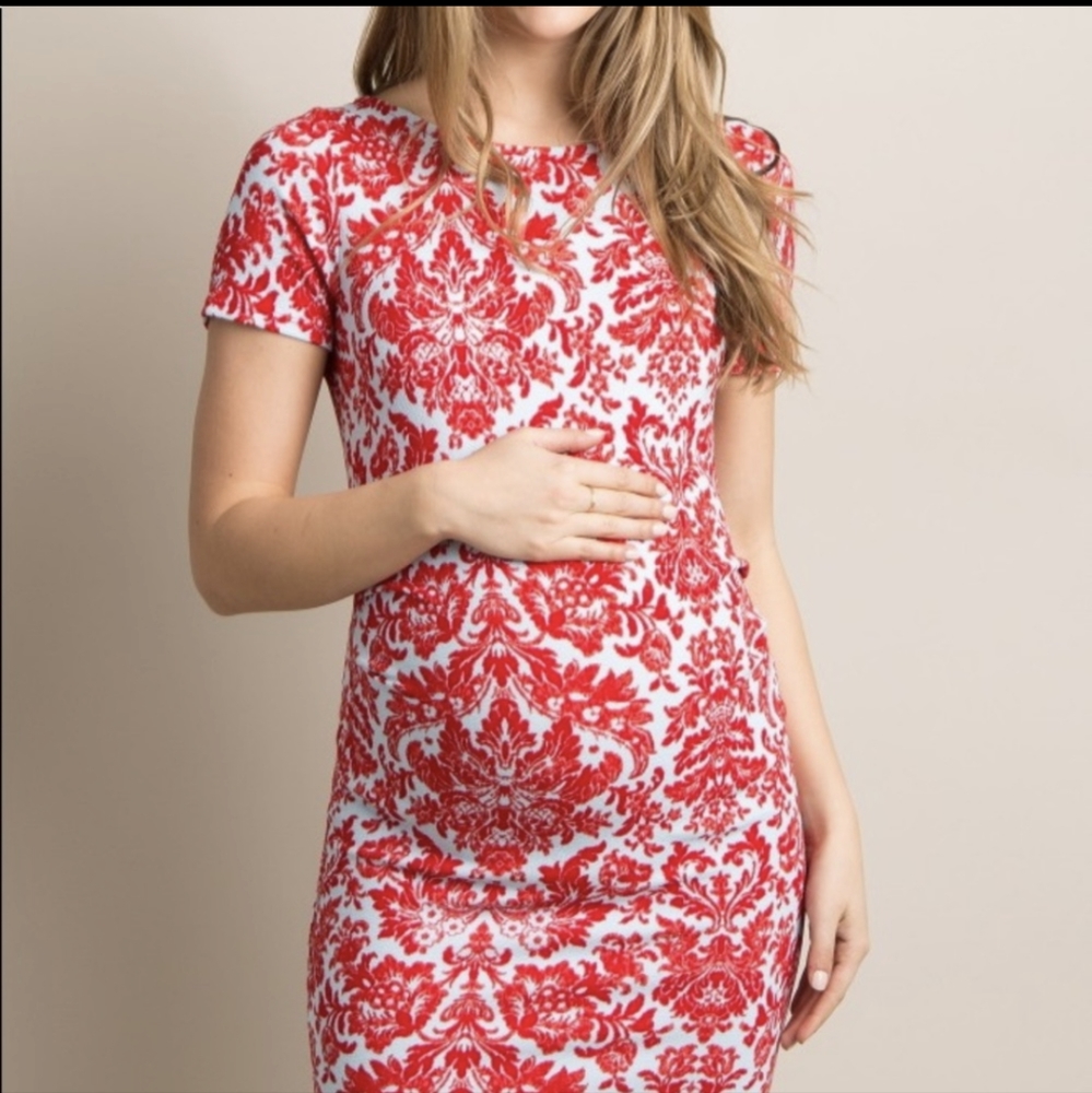 PinkBlush Red Printed Short Sleeve Fitted Maternity Dress